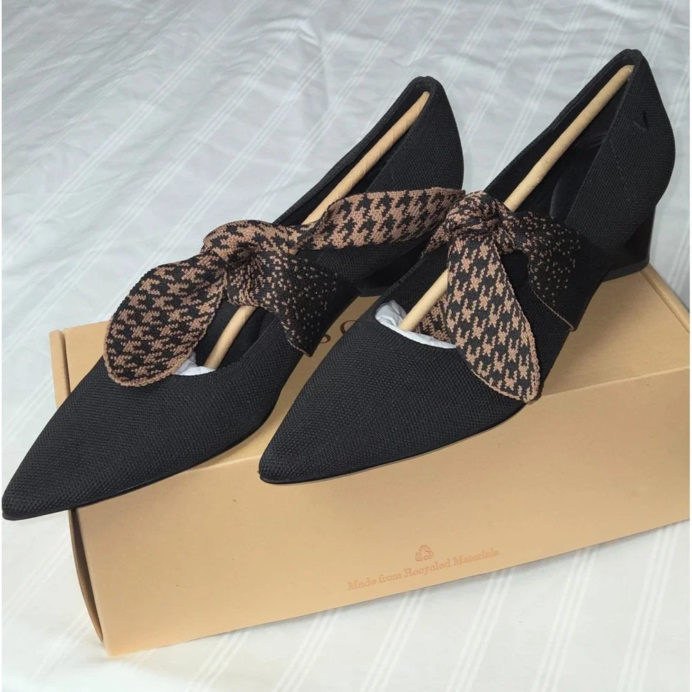 Vivaia Pointed-Toe Block Heel Mary Jane Knit Pumps Houndstooth Bow Size 7.5 EU38